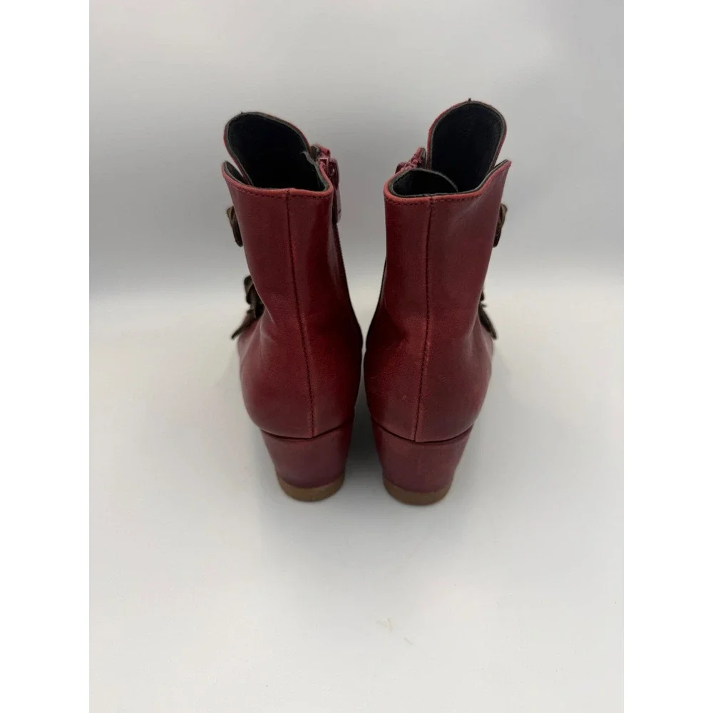 Eric Michael Burgundy Leather Triple Buckle Wedge Ankle Boots Spain 8.5 EU 39